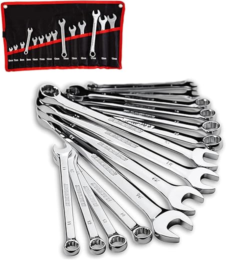 Jogo de Chave Combinada Profissional, Chaves Fixas e Estrela em Aço Cromo-Vanádio, Conjunto 8-24mm, 14 Peças, Ferramentas Automotivas e Manutenção (14 Peças)